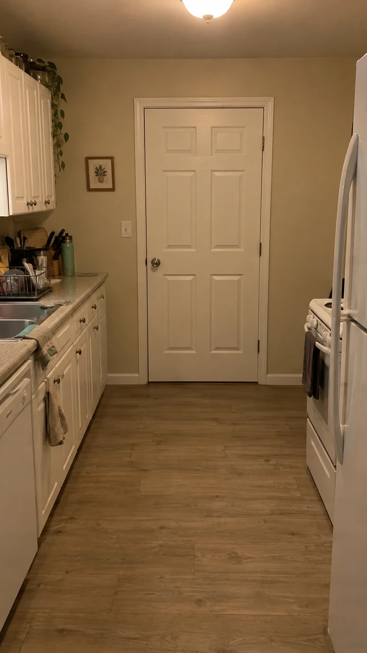 Empty narrow kitchen at night with a white door in the middle, the setting for the duet